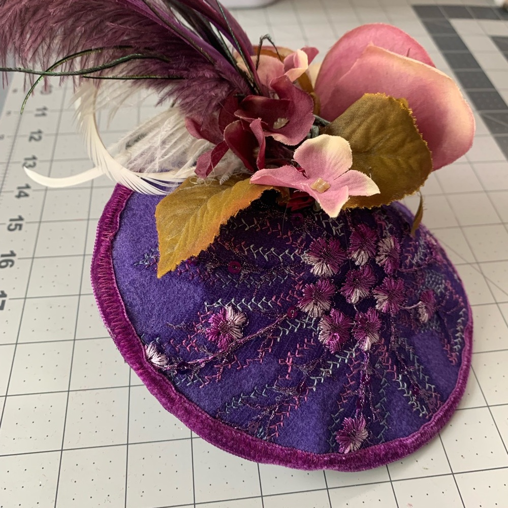 Purple Floral Embroidered Fascinator with Feathers and Embroidery